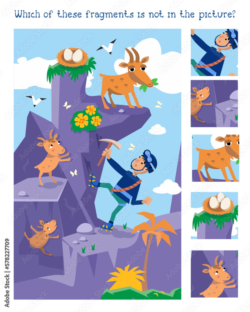 Find fragments. Educational puzzle game for children. Cute characters, funny animals and boy, nature landscape. Vector illustration. Mountain and climber. 