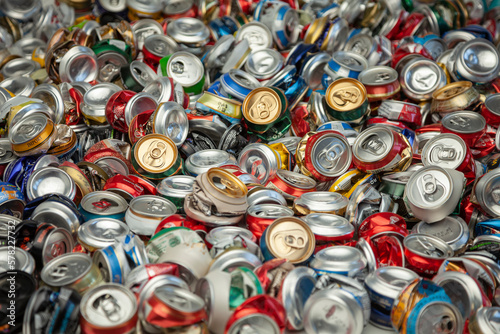 Recycle aluminum metal crushed can waste background. Beer cans garbage will be compressed and baled. Recycling concept.