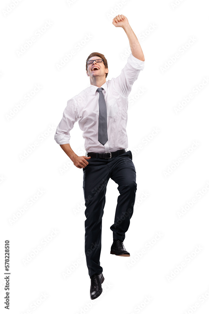 A jubilant businessman or entrepreneur jumping for joy or dancing in celebration of their company's target achievement, displaying overwhelming happiness isolated on a PNG background. A jubilant businessman or entrepreneur jumping for joy or dancing in celebration of their company's target achievement, displaying overwhelming happiness isolated on a PNG background.