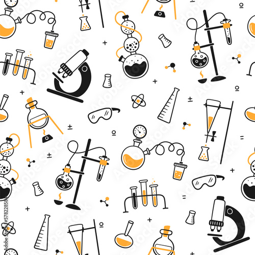Science biology chemical experiment lab seamless pattern. Chemical laboratory equipment. Hand drawn chemical processes. Doodle vector illustration with lab flask, microscope on white background.
