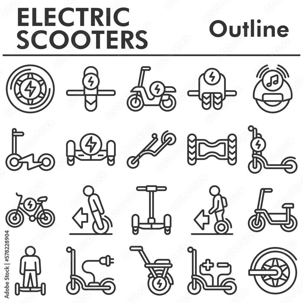 Set, electric scooters icons set - icon, illustration on white background, outline style Set, electric scooters icons set - icon, illustration on white background, outline style