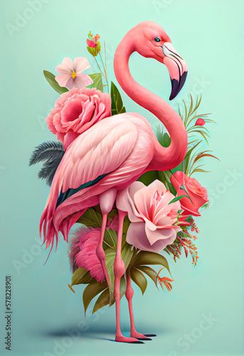 Exotic summer pink animal, flamingo covered with fresh spring flowers. Tropical background. Abstract animal concept. Illustration, Generative AI.