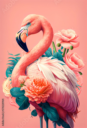 Exotic summer pink animal, flamingo covered with fresh spring flowers. Tropical background. Abstract animal concept. Illustration, Generative AI. © Ljuba3dArt