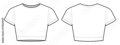 Fitted white cropped tee shirt flat technical fashion illustration. T-shirt fashion flat technical drawing template, front view, back view, white color, women, CAD mockup