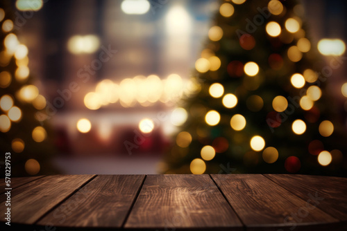 Empty wooden table with blured christmas background