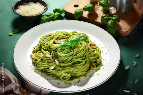 Delicious green pasta dish with pesto sauce and fresh herbs  served on a white plate  Italian food pesto pasta spaghetti  delicious healthy vegetarian AI Generative