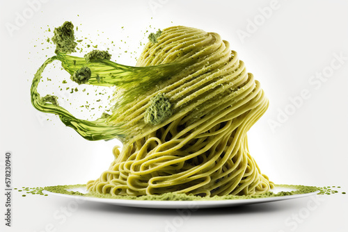 Splash abd levitation of delicious green pasta dish with pesto sauce and fresh herbs, served on a white plate, Italian food pesto pasta spaghetti, delicious healthy vegetarian AI Generative