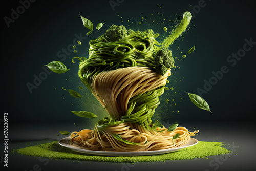 Splash abd levitation of delicious green pasta dish with pesto sauce and fresh herbs, served on a white plate, Italian food pesto pasta spaghetti, delicious healthy vegetarian AI Generative