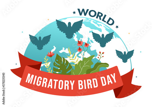 World Migratory Bird Day on May 8 Illustration with Birds Migrations Groups in Flat Cartoon Hand Drawn for Landing Page Templates