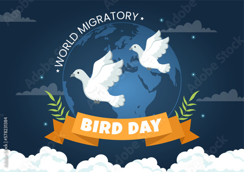 World Migratory Bird Day on May 8 Illustration with Birds Migrations Groups in Flat Cartoon Hand Drawn for Landing Page Templates