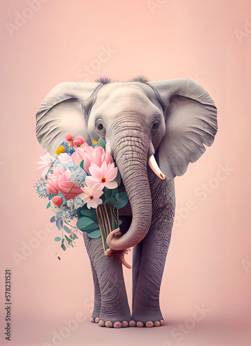 Exotic summer big animal, elephant with bouquet of fresh spring flowers. Tropical pastel pink background. Abstract love animal concept. Illustration, Generative AI.