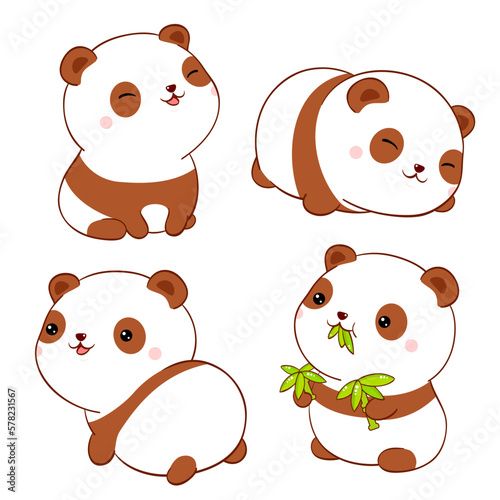 Set of cute fat pandas kawaii style. Collection of lovely baby  panda in different poses. Can be used for t-shirt print, stickers, greeting card design. Vector illustration EPS8