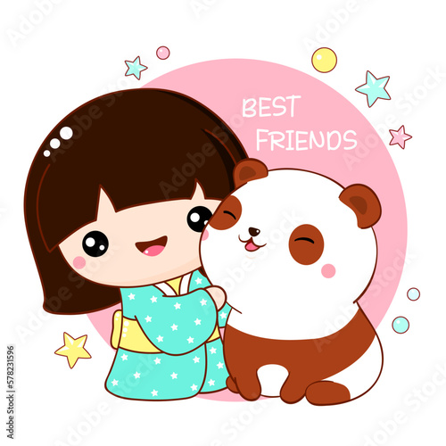 Cute little girl hugging a panda. Inscription Best friends. Friends - girl and panda playing together. Square card in kawaii style. Vector illustration EPS8