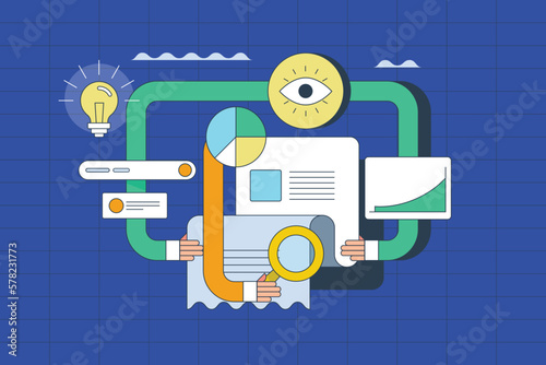 Business report review and analysis company performance financial statement, sales monitoring and customer survey data helping business to take right decision concept, web banner illustration.