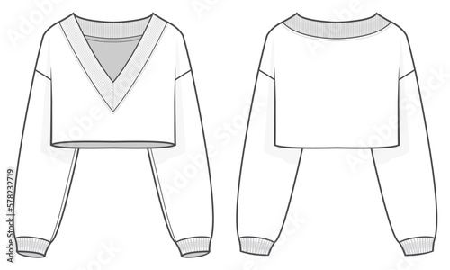 V-neck sweater. Women's V-Neck cropped Sweater. Sweater technical fashion illustration. Flat apparel sweater template front and back, white colour. Women's CAD mock-up.