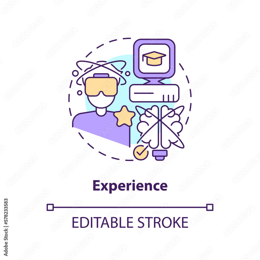 Experience concept icon. Enjoy virtual reality world. Layer of metaverse abstract idea thin line illustration. Isolated outline drawing. Editable stroke. Arial, Myriad Pro-Bold fonts used