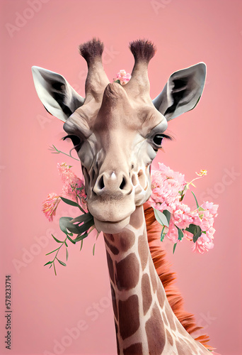 Exotic summer wild animal, giraffe with bouquet of fresh spring flowers. Tropical pastel pink background. Abstract love animal concept. Illustration, Generative AI.