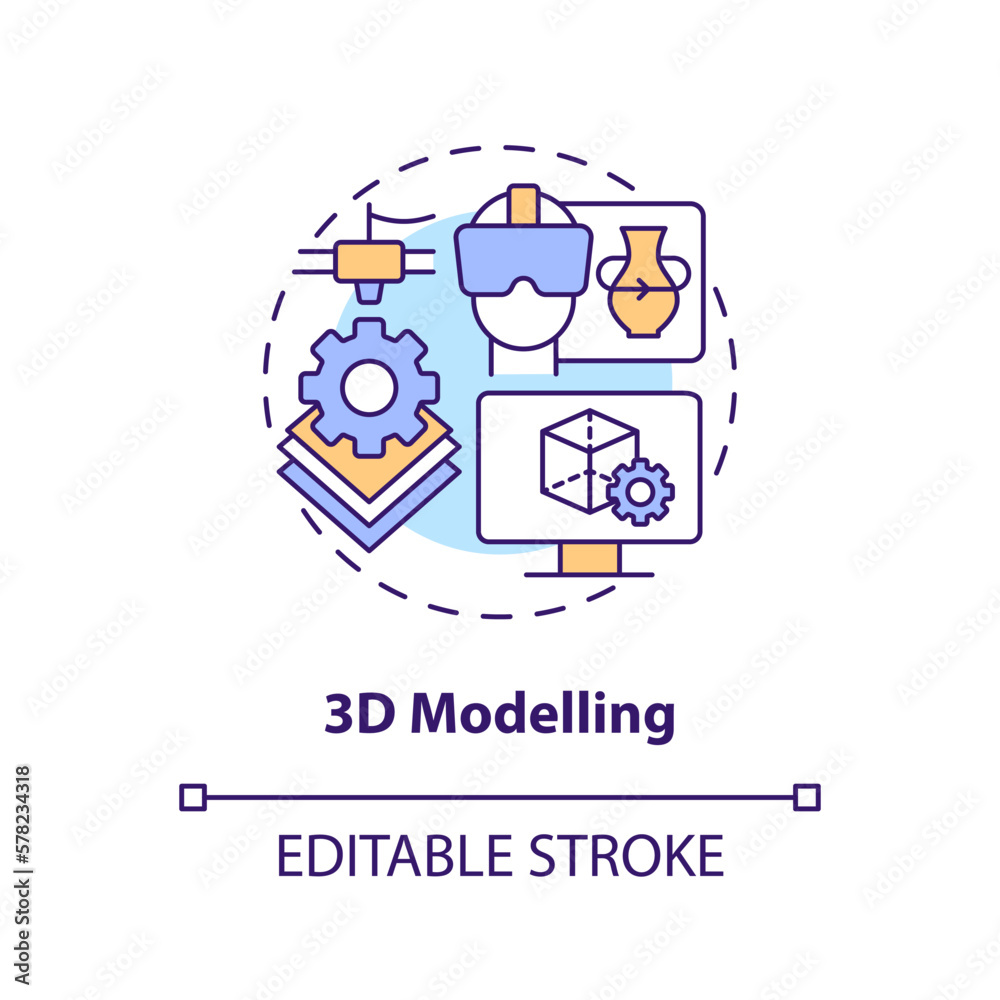 3D modelling concept icon. Virtual property generation. Metaverse technology abstract idea thin line illustration. Isolated outline drawing. Editable stroke. Arial, Myriad Pro-Bold fonts used