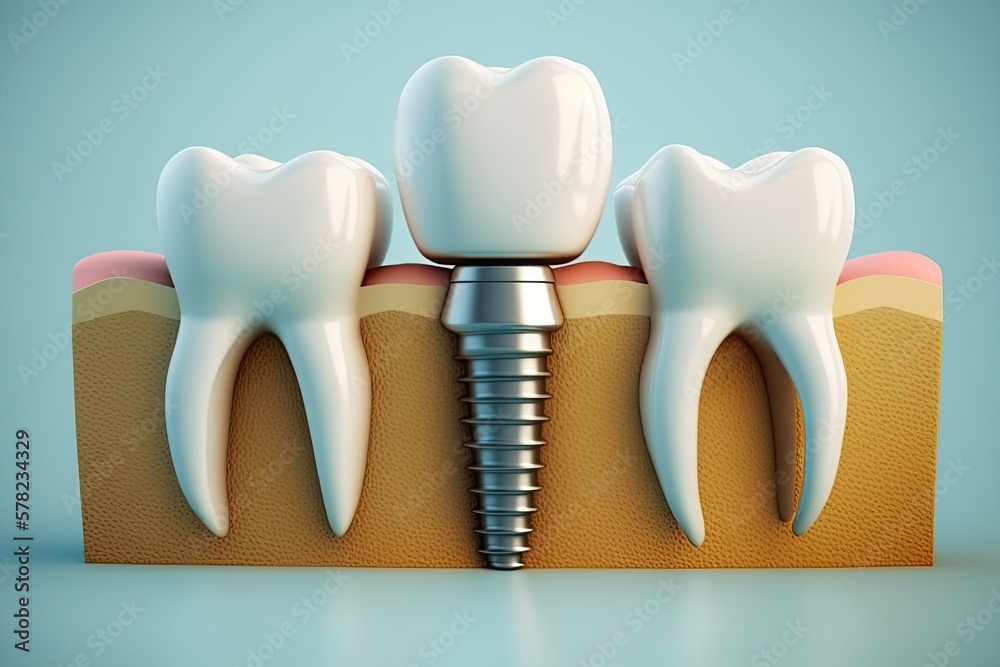Two teeth and an implant between them. Generative ai. Two teeth and an implant between them. Generative ai.