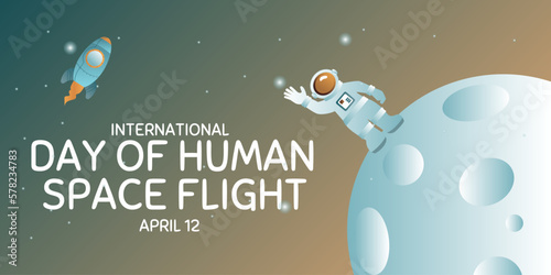 International day human space flight. 12 April Cosmonautics Day banner with rocket. Horizontal web banner.