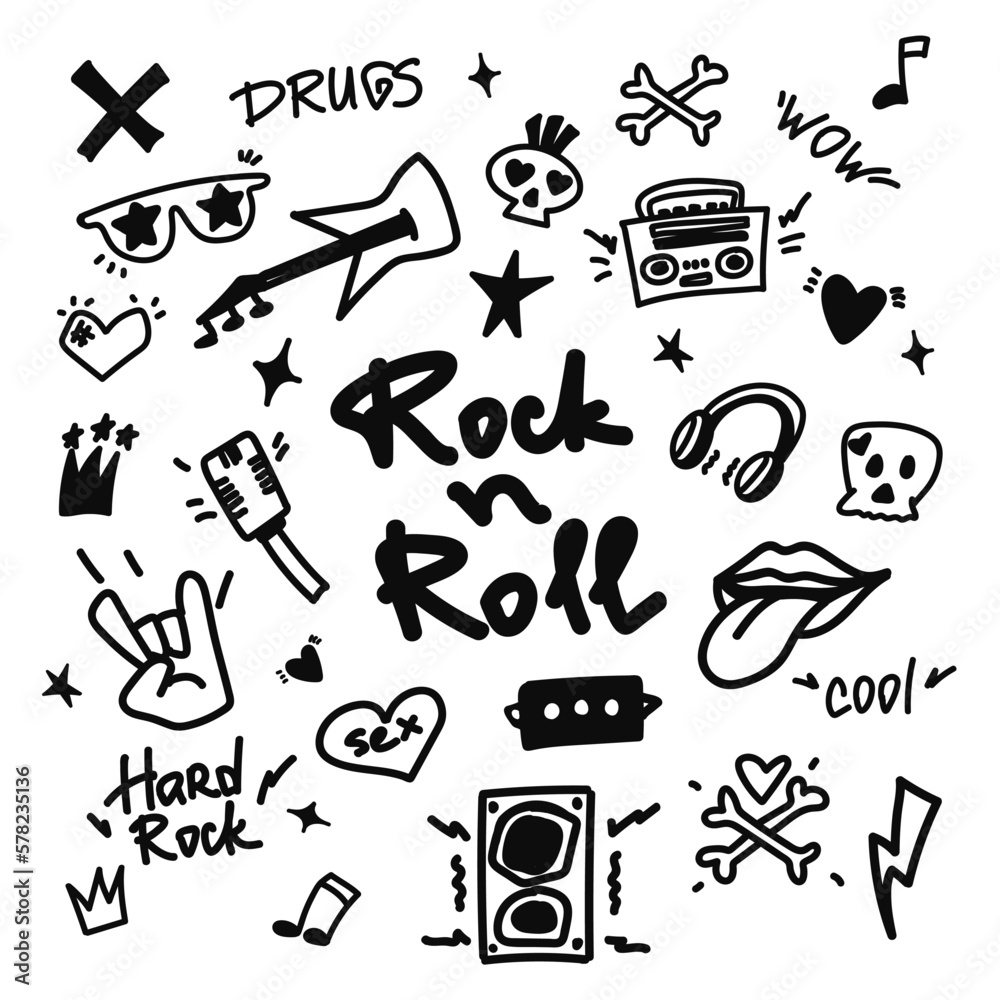Rock n roll, punk music doodle set. Graffiti, tattoo hand drawn sticker ...