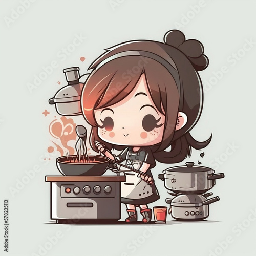 Chibi cooking girl cartoon. Generative AI. photo