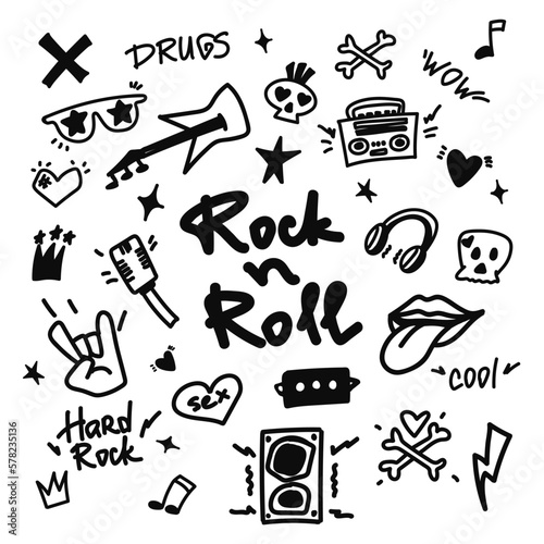 Fotografia Rock n roll, punk music doodle set