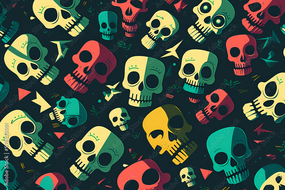 Naklejka premium Pattern of colorful skulls background, AI generated