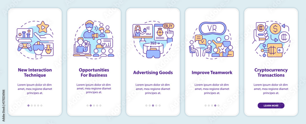Metaverse importance for business onboarding mobile app screen. Walkthrough 5 steps editable graphic instructions with linear concepts. UI, UX, GUI template. Myriad Pro-Bold, Regular fonts used