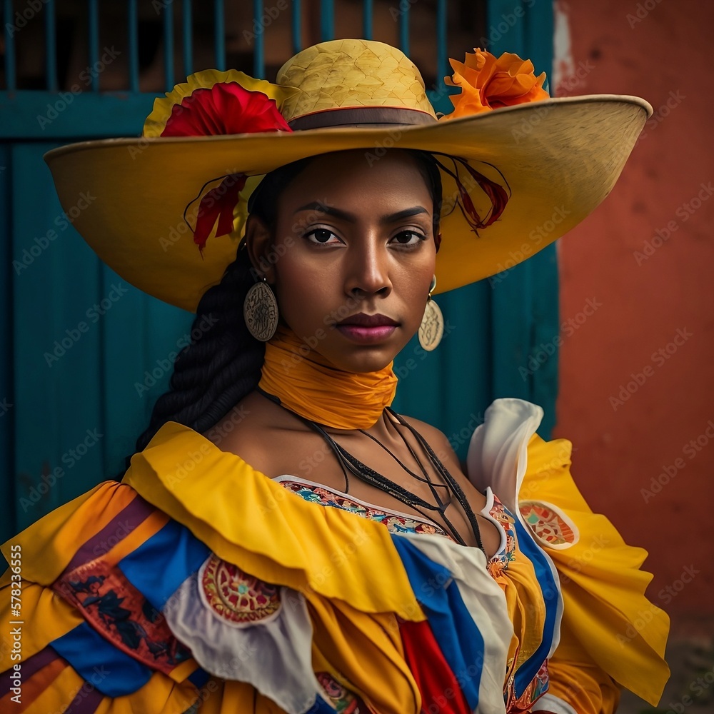 Portrait of beautiful Colombian woman wearing a hat with flowers and ...