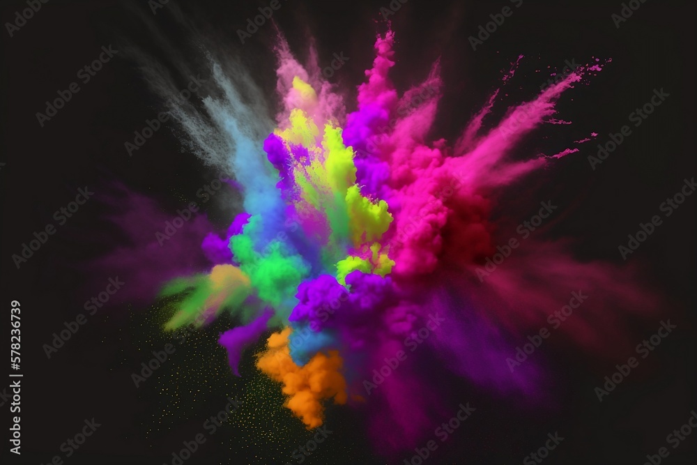 Colorful explosion of holi powder on the black background created with Generative AI technology