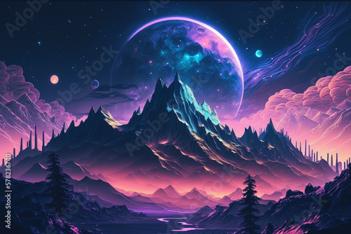 fantasy landscape, abstract sunset in mountains background, AI generated
