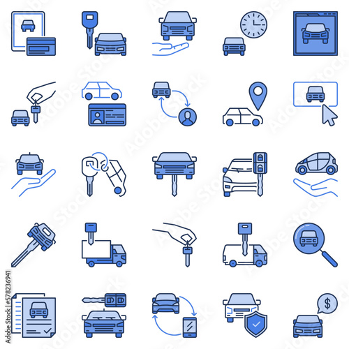 Car Rental concept colored icons set. Car Hire Agency blue vector symbols