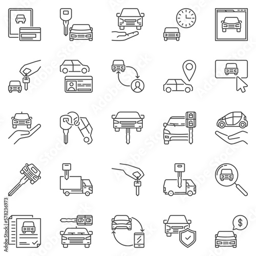 Car Rental outline icons set. Hire Car linear vector signs