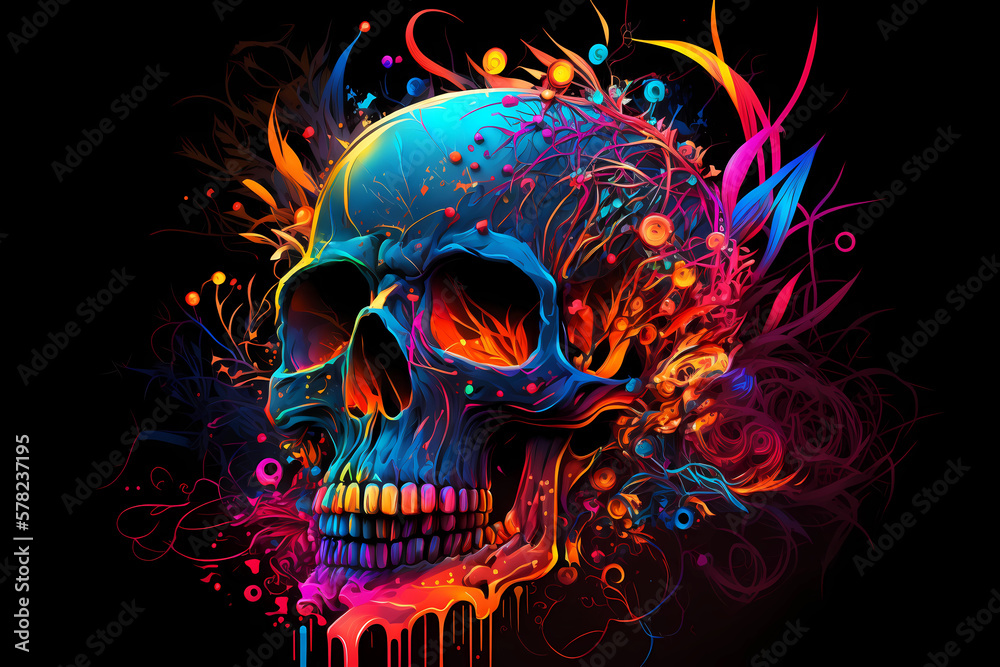 Colorful abstract skull illustration, AI generated