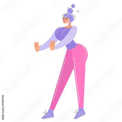 Young woman showing stop gesture sign. A pretty girl demands a stop with her hands. Symbol of prohibition or certainty. Emotion and body language concept illustration in vector cartoon flat style.