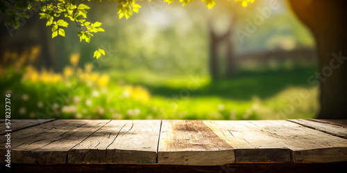 Empty old wooden table with nature spring and defocused sunny garden bokeh background