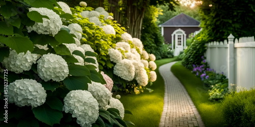 summer private garden with blooming Hydrangea Annabelle. Curvy lawn edge, beautiful pathway. Landscape design in English cottage style photo