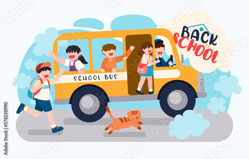 Welcome Back to school with funny school characters flat vector illustration. © Johnstocker