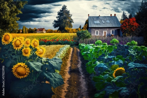 garden with vegetables and sunflowers growing on field in tractive autumn, created with generative ai photo