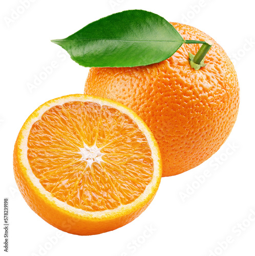 Whole ripe orange citrus fruit with leaf and orange half isolated on transparent background. Full depth of field.
