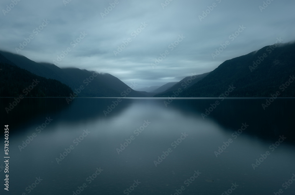 Long exposure of Lake Crescent at twilight

