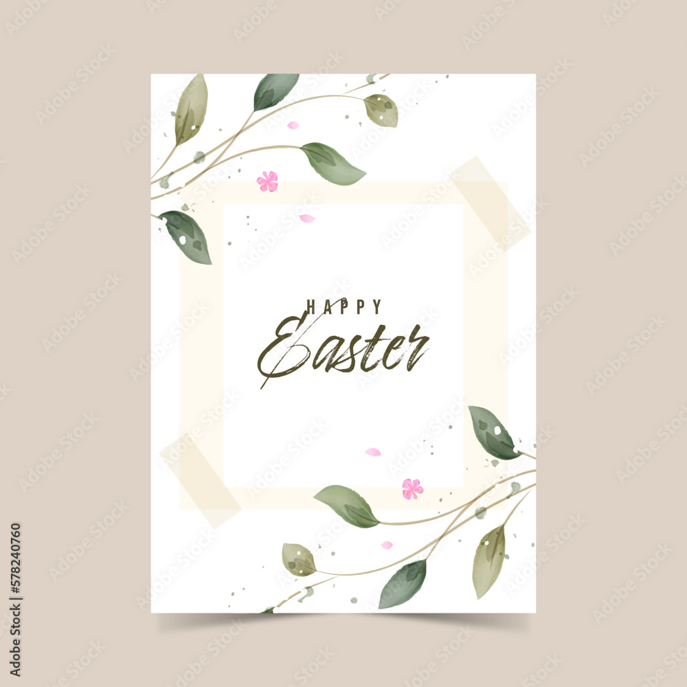 Happy easter greeting card in rustic style, vector illustration. Greenery Watercolor Floral template card design.
