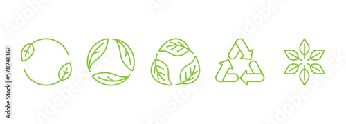 Vector simple line icons and illustration, eco, bio and organic packaging badges, ecological, environment friendly and sustainable development, fresh natural ingredients cosmetics and products