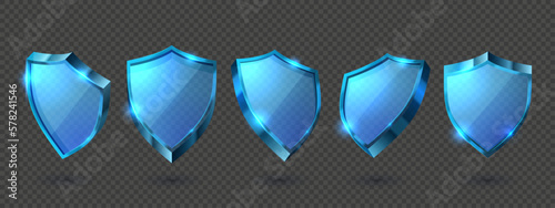 Glass shields. Invisible protection, transparent guard shield and crystal clear security or privacy award realistic 3D vector set
