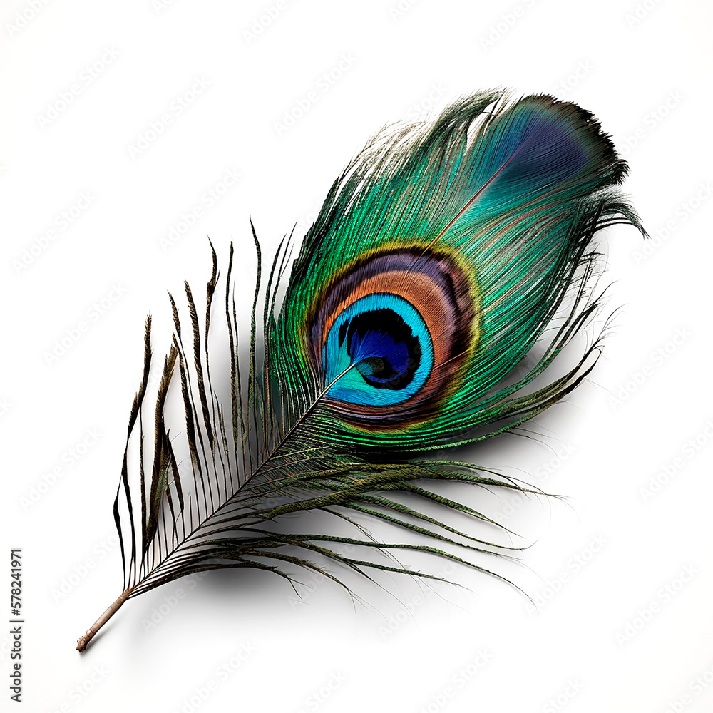Obraz premium Single peacock feather closeup on white backgrounds. Generative artifical intelligence, 