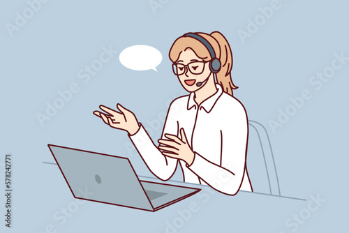 Professional female technical support agent use laptop and headset to consult users. Girl call center operator consult clients and potential buyers who applied via telephony to order services 