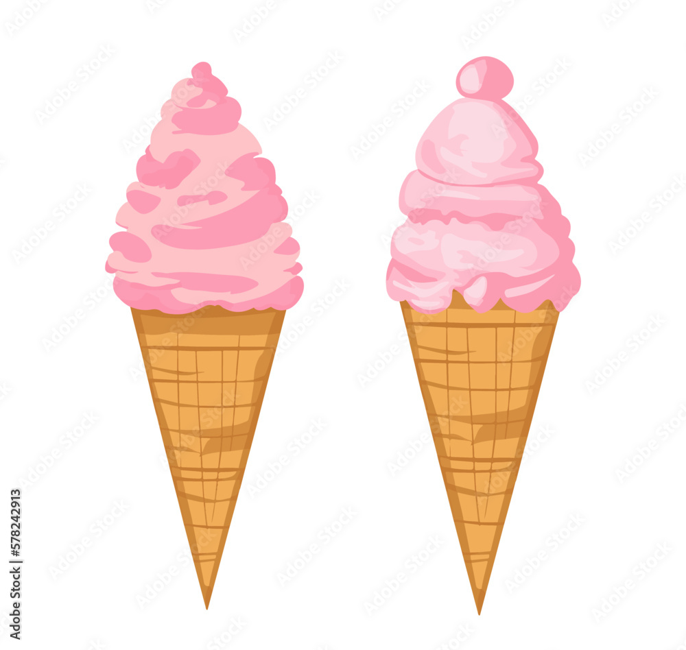 Set of cute ice cream in waffle cone cartoon style Set of cute ice cream in waffle cone cartoon style