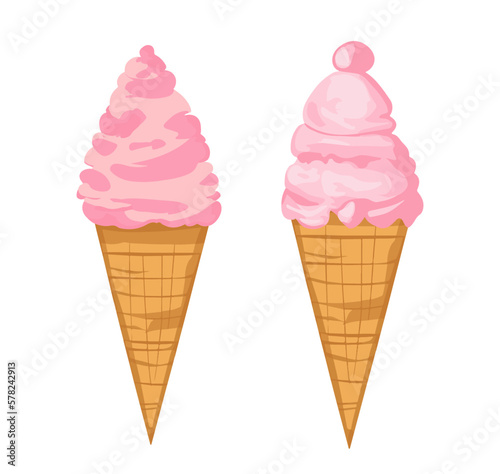 Set of cute ice cream in waffle cone cartoon style