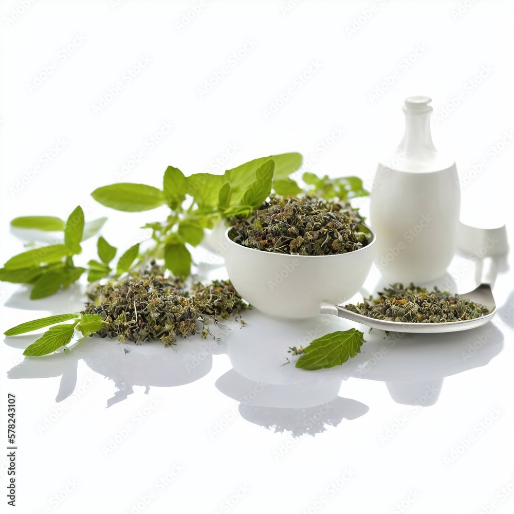 Medicinal herbs in a bowl on a white background, created with Generative AI technology Medicinal herbs in a bowl on a white background, created with Generative AI technology